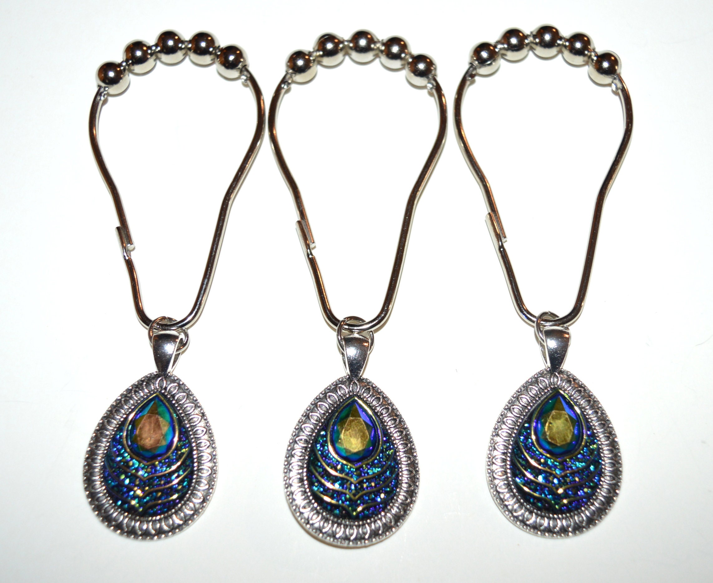 Peacock Blue Shower Curtain Hooks Set of 12 Silver Teardrop Etsy