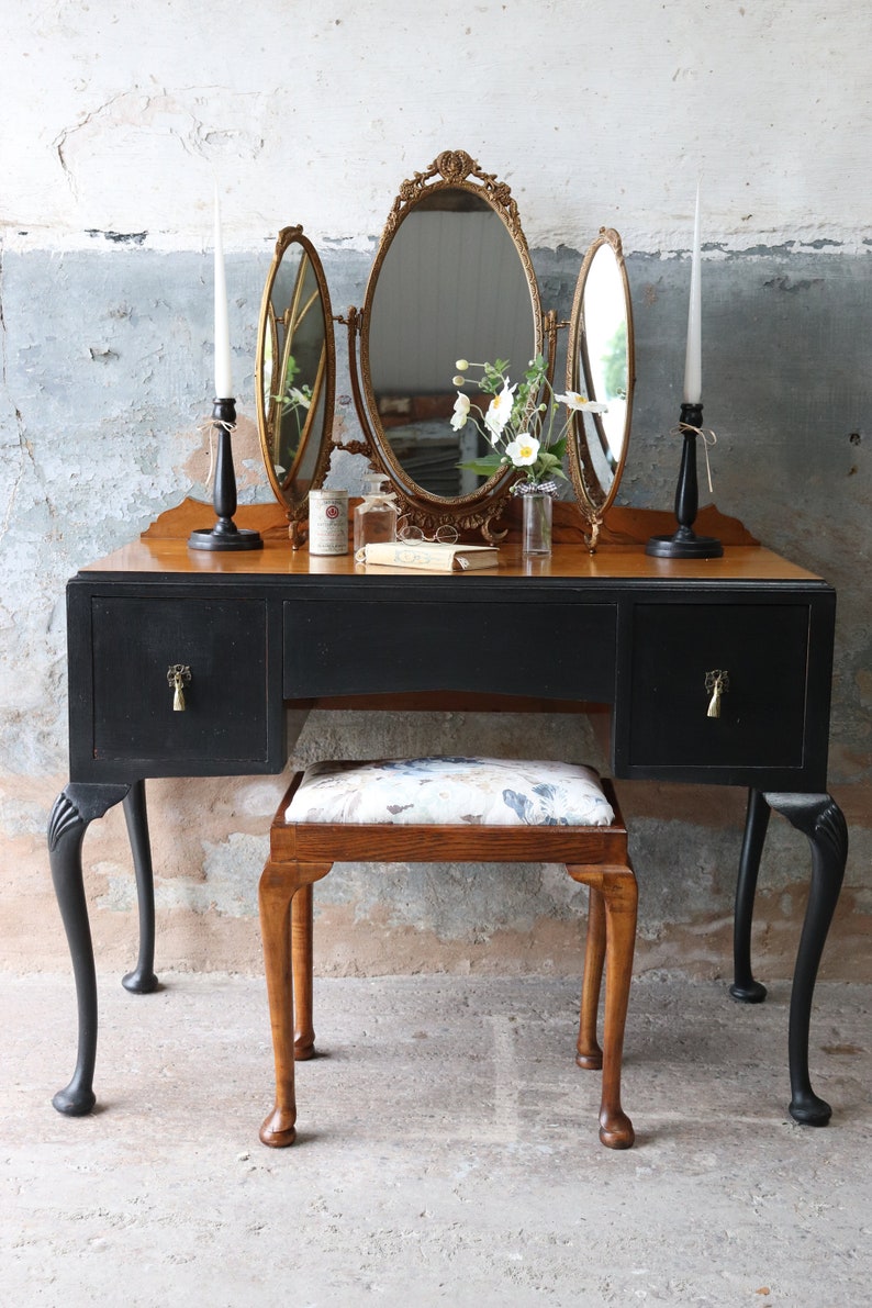 Vintage Dressing Table Stool With Pretty Reupholstered Seat