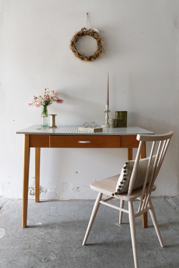 Mid Century Grey and White Gingham Formica Kitchen Table or Desk With Drawer Etsy UK
