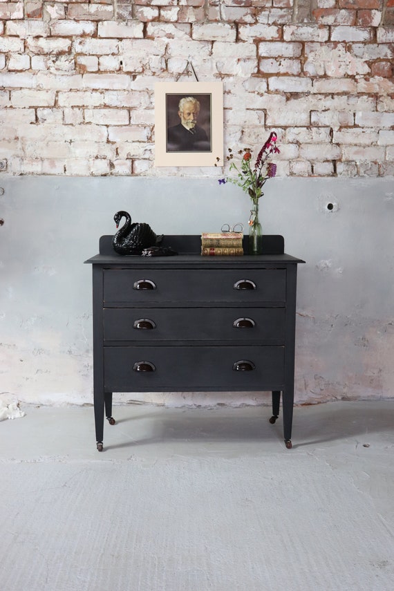 Handsome Vintage Chest Of Drawers On Castors In Black Etsy