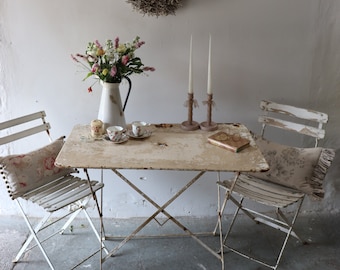 Lovely Pair of White French Folding Slatted Vintage Cafe or Garden Chairs with Original Shabby Paintwork