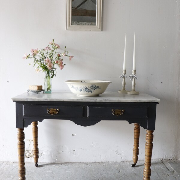 Marble Topped Charcoal Painted Washstand, Dressing Table or Desk on Castors with Two Drawers