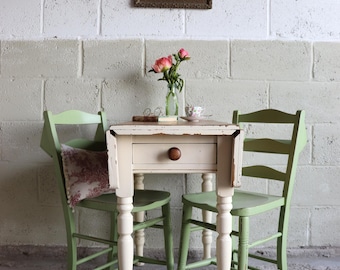 Small Vintage Pine Drop Leaf Table with Drawer in Original Buttermilk Paint
