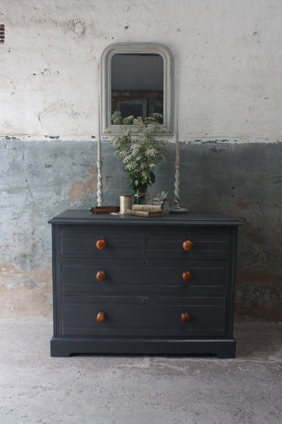 Large Handsome Vintage Dresser In Charcoal Grey Etsy