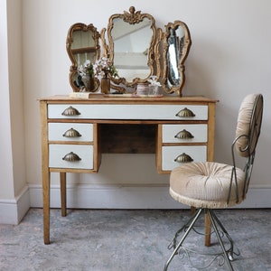 Pretty Vintage Pine Five Drawer Writing Desk or Dressing Table Partly Painted in Linen