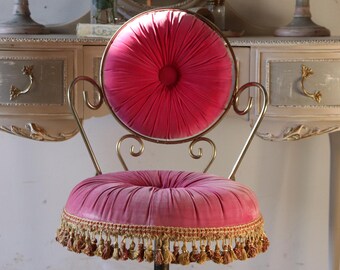 Vintage Boudoir Style Fuchsia Pink Adjustable Height Velour Chair with Tassel Trim