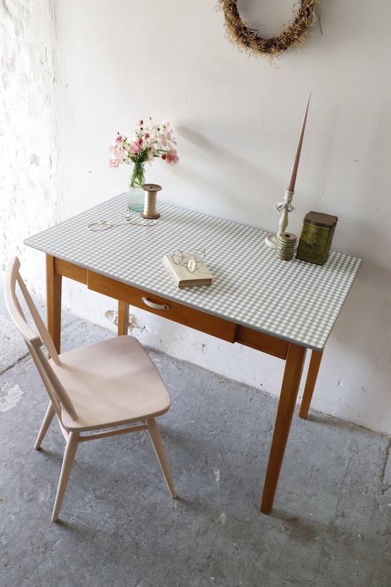 Mid Century Grey and White Gingham Formica Kitchen Table or Desk With Drawer Etsy
