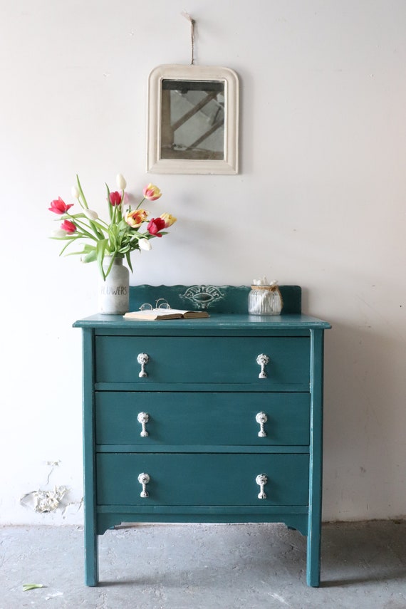 Painted Teal Blue Washstand: Vintage Chalkpaint 3-drawer Chest - Etsy