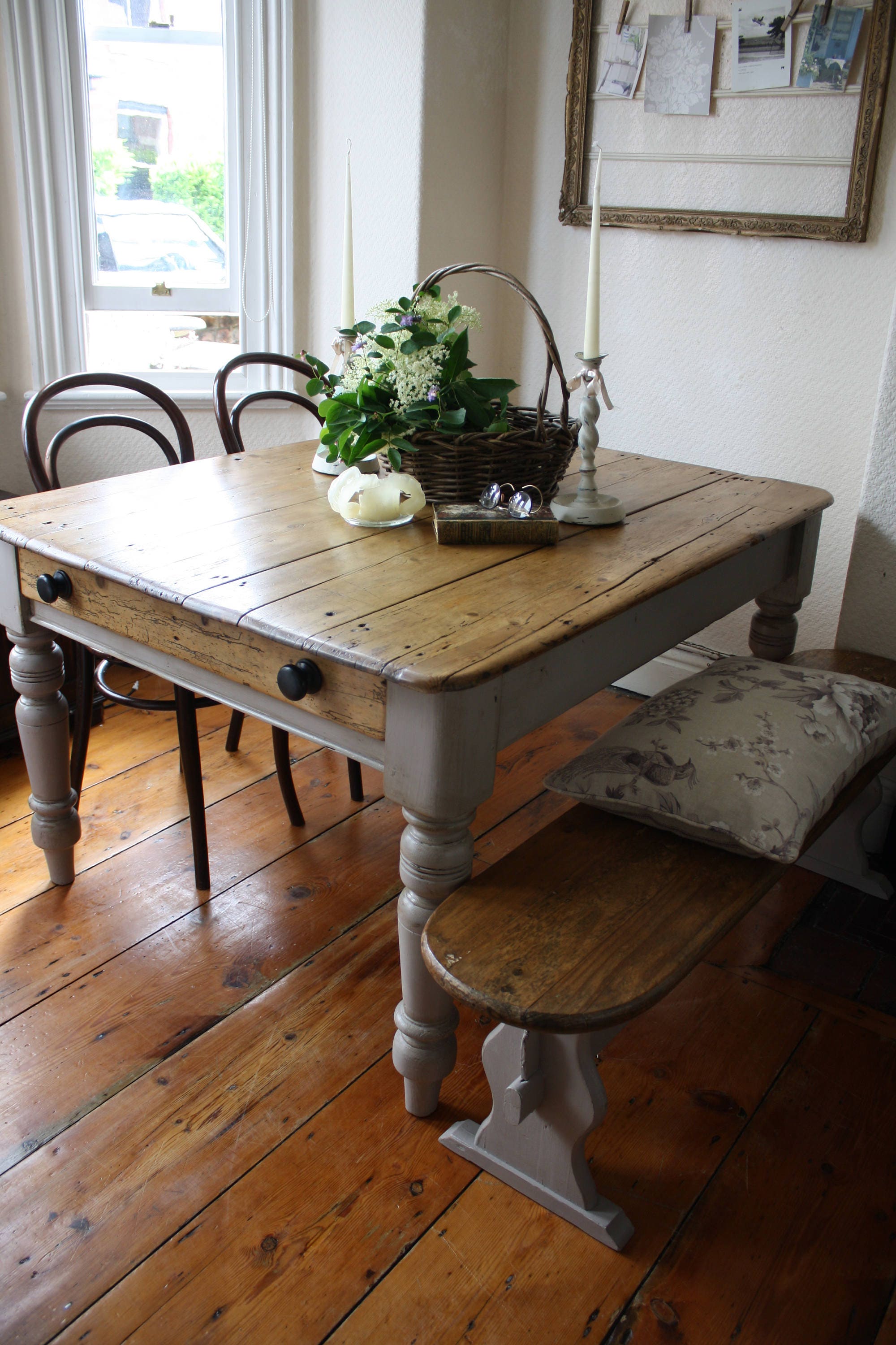 Vintage Pine Bench Seat With Base In Pastille Grey Etsy