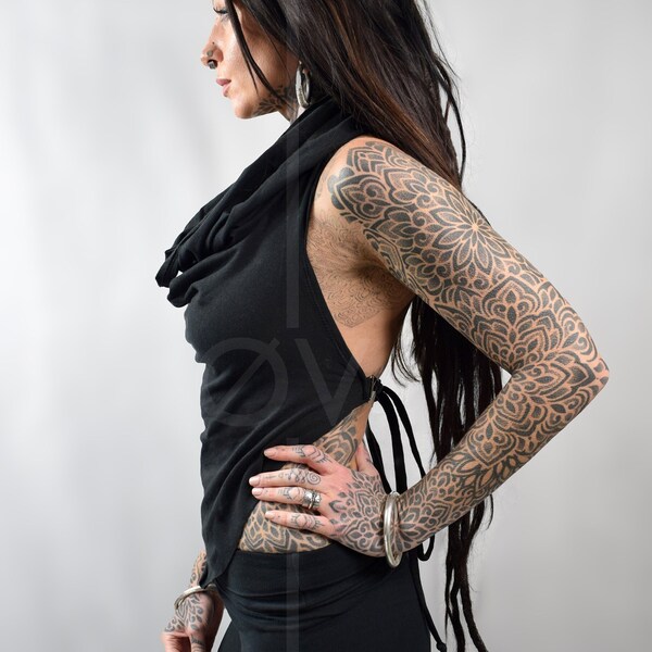 Hooded Backless Cowl Top // Hemp Jersey // Metal Details // Black // Festival // hippy // ECO