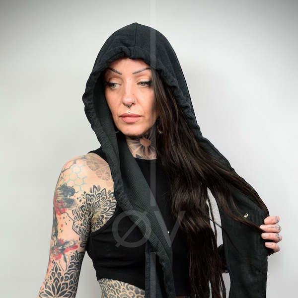 Black Unisex Hooded Scarf Cowl // Hemp/ Festival/ Goth/ Cosplay