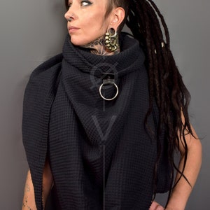 Oversize Waffle Cotton Scarf with Vegan Leather & Ring Detail // Goth + Dystopian + Futuristic
