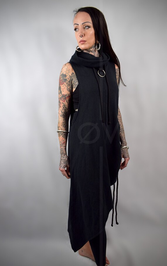 Asymmetrical Poncho Cape Dress Cowl // Black Hemp Cotton Sweatshirt Fleece Vegan Leather // Minimalist Goth Beach Hippy // Sustainable