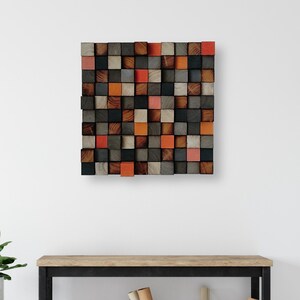 Reclaimed Wood Wall Art – Abstract Mosaic, Grey Orange Decor