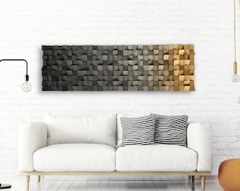 Panel acústico artesanal con diseño degradado de madera reciclada