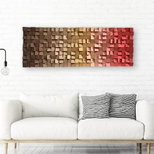 Wood Wall Art - Handmade Sound Diffuser - Brown Gold Red Wall Decor