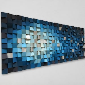 Geometric Wood Wall Art – Blue Shades, Reclaimed Pine, Sound Diffuser