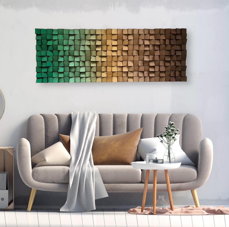 Wood Wall Art - Handmade Sound Diffuser - Green Gold Brown Wall Decor ...