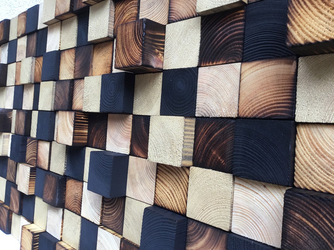 Reclaimed Wood Wall Art Sculpture – Geometric Mosaic, Gold Black Burned ...