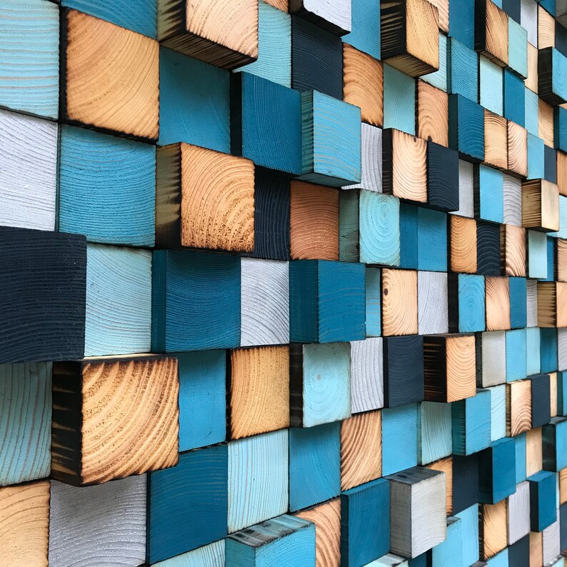 Reclaimed Wood Mosaic Wall Art – Blue Geometric Decor - Etsy