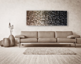 May include: A modern living room interior with a brown leather sofa, a rug, and a large wooden wall art piece with a gradient of brown, beige, and gray tones.