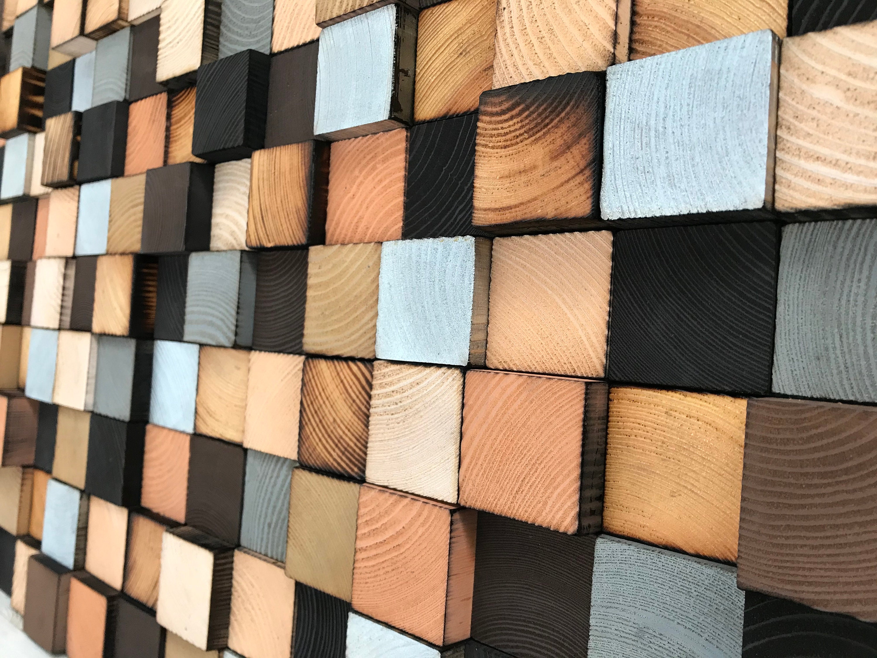 Reclaimed Wood Mosaic Wall Art – 3D Geometric Wood Blocks - Etsy