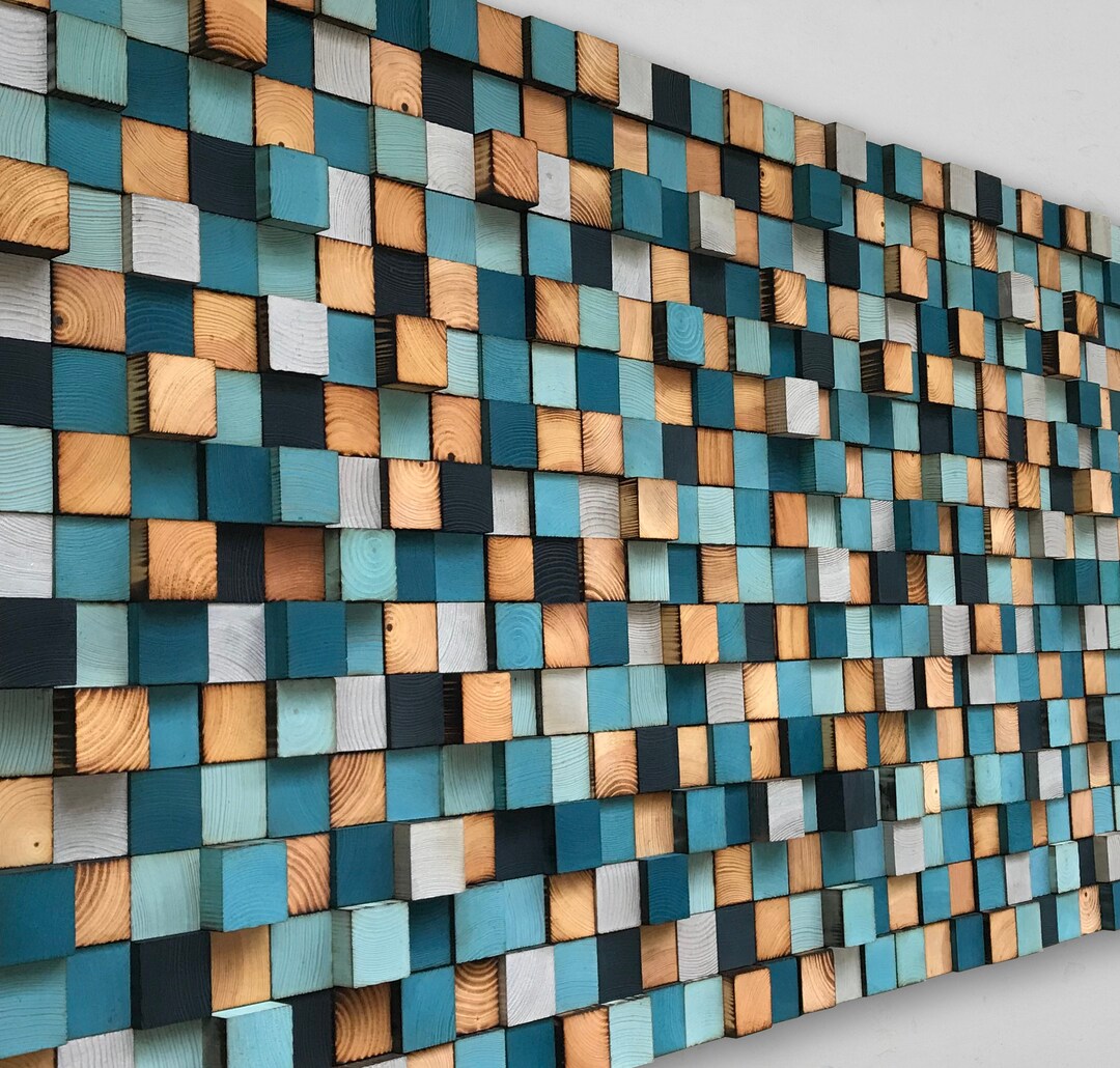 Reclaimed Wood Mosaic Wall Art – Blue Geometric Decor - Etsy