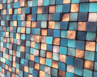 Large Reclaimed Wood Wall Art - Blue & Natural Mosaic