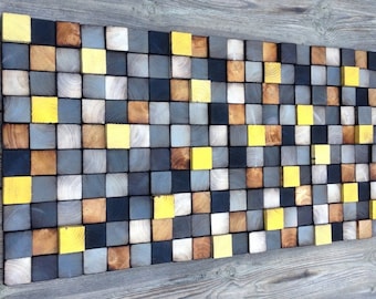 Reclaimed Pine Wood Wall Art – Geometric Wood Cube Mosaic
