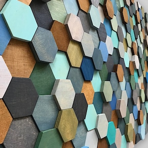 Handgemachte Holz Hexagon Mosaik Wandkunst - Grau, Blau, Grün, Braun