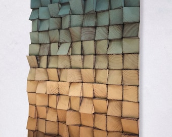 Wandkunst van teruggewonnen hout – Geluidsdiffusor karamel en blauw