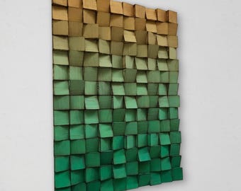 Wood Wall Art - Handmade Sound Diffuser - Green Gold Wall Decor