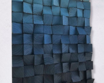 3D-muurkunst van teruggewonnen hout – Geluidsdiffusor met blauw verloop