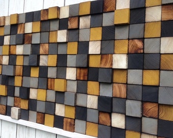 Arte mural en madera de pino reciclada - Escultura de cubo de madera hecha a mano