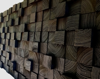 May include: A wall covered in dark brown wooden squares, each with a unique grain pattern. The squares are arranged in a staggered pattern, creating a textured and visually interesting surface.