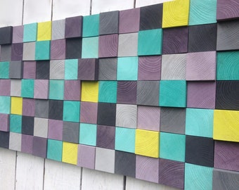 Modern Reclaimed Wood Wall Art Sculpture – Purple, Gray, Turquoise Mosaic
