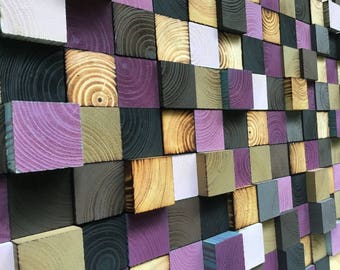 Reclaimed Wood Wall Art – 3D Geometric Mosaic, Shades of Brown & Purple