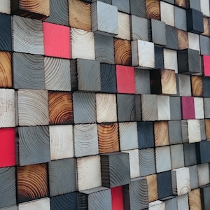 Wood Wall Decor - Grey Red Wall Art - Wood Sound Diffuser