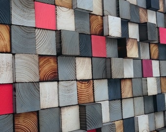 Reclaimed Wood Wall Art – Grey, Red Sound Diffuser