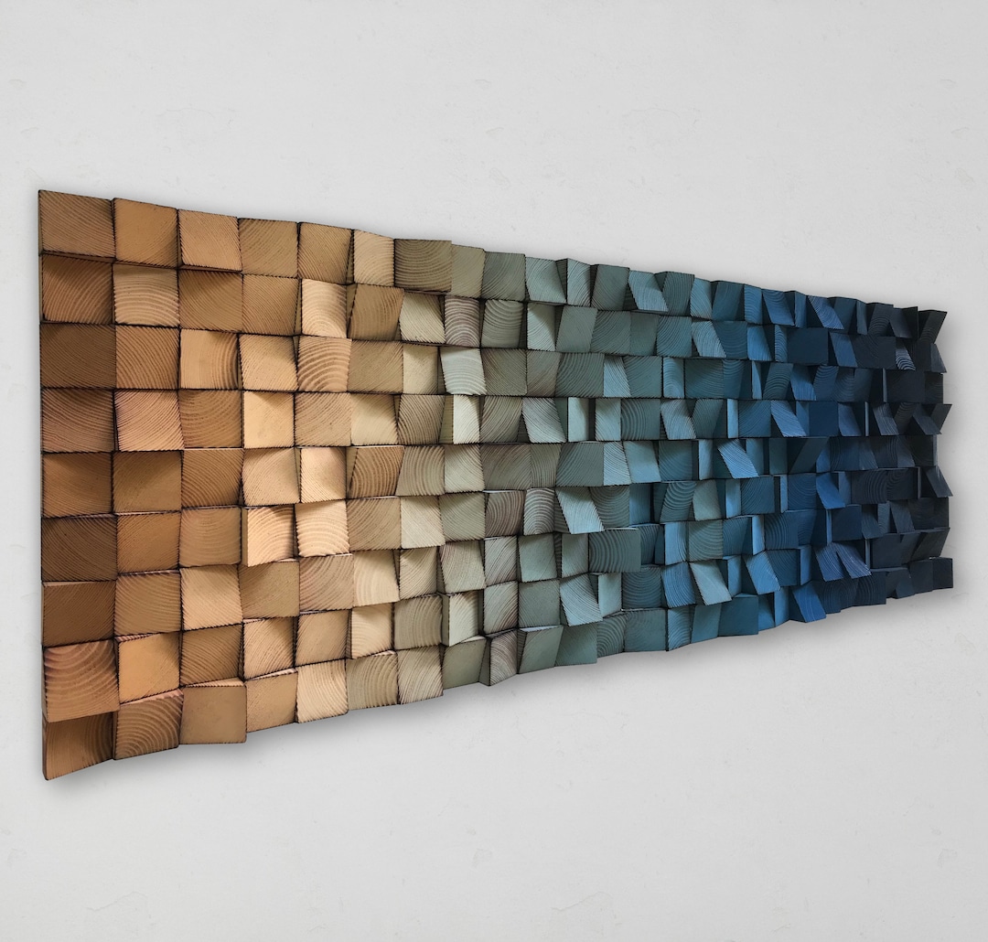 Reclaimed Wood Mosaic Wall Art – Beige & Blue Sound Diffuser - Etsy