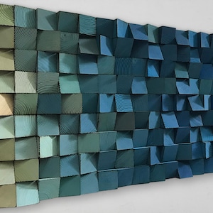 Reclaimed Wood Mosaic Wall Art - Blue Ombre Wood Sculpture