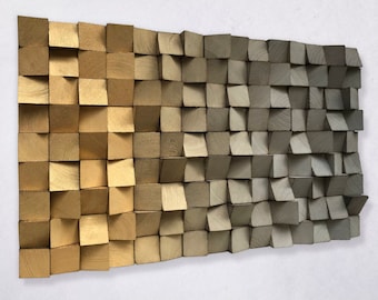 Wandkunst van teruggewonnen hout – 3D-geluidsdiffusor, goudgrijs verloop