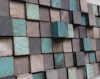 Reclaimed Wood Mosaic Wall Art – Abstract Wood Block Sculpture