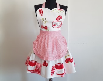 Gingham cherry aprons for women , Sweetheart plaid retro  apron , Strawberry cute kitchen aprons , Cherries womens cooking waterproof apron