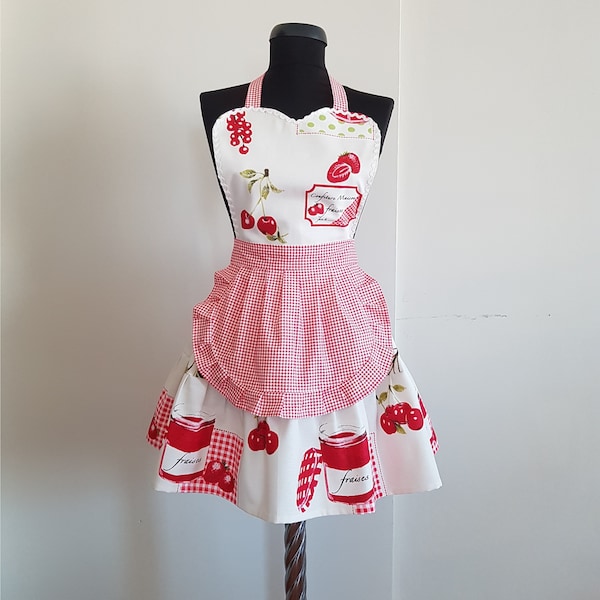 Gingham cherry aprons for women , Sweetheart plaid retro  apron , Strawberry cute kitchen aprons , Cherries womens cooking waterproof apron
