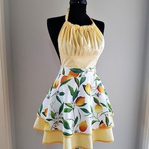 Cute lemon kitchen apron for women , Yellow retro cooking aprons , Farmhouse full apron, Plus size available