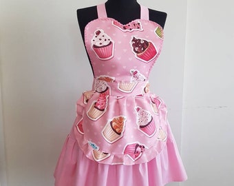 Cupcake aprons for women, Sweetheart womens cooking apron, Cute kitchen apron, Ruffle flounce hostess apron, Retro ladies apron