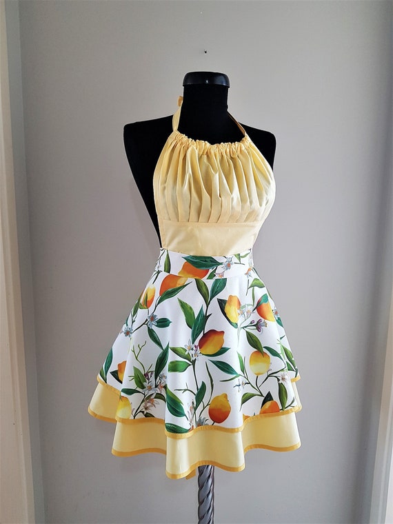 Cute Lemon Kitchen Apron for Women , Yellow Retro Cooking Aprons