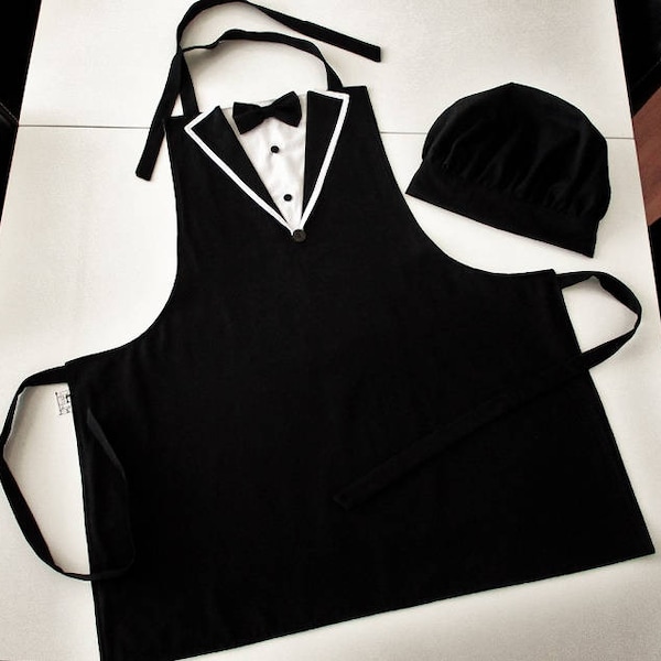 Tuxedo apron for men, Waterproof kitchen apron and chef hat set, Black and white apron, Mens Grilling Bbq Apron, Bow tie apron, Gift for him