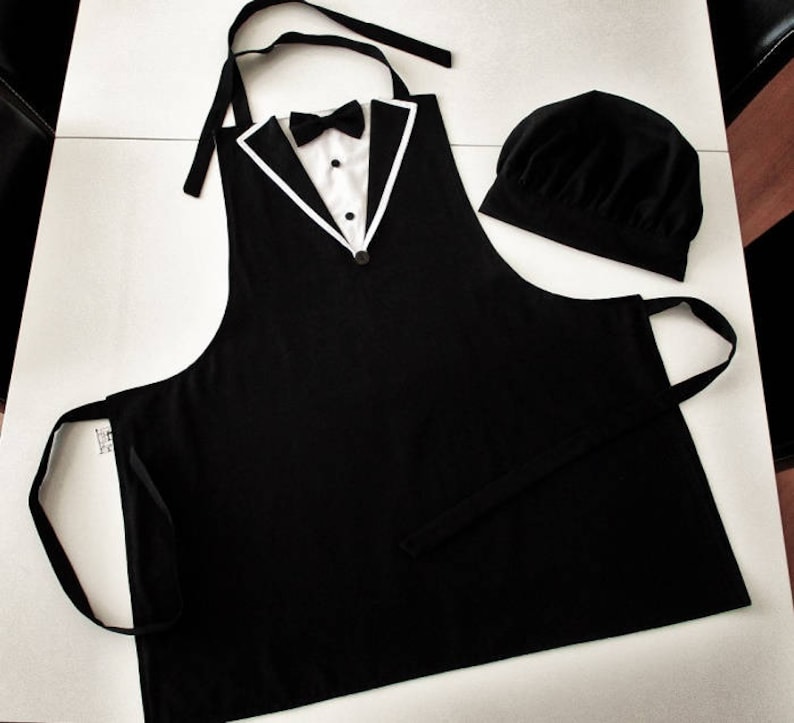 Tuxedo Apron for Men, Waterproof Kitchen Apron and Chef Hat Set, Black